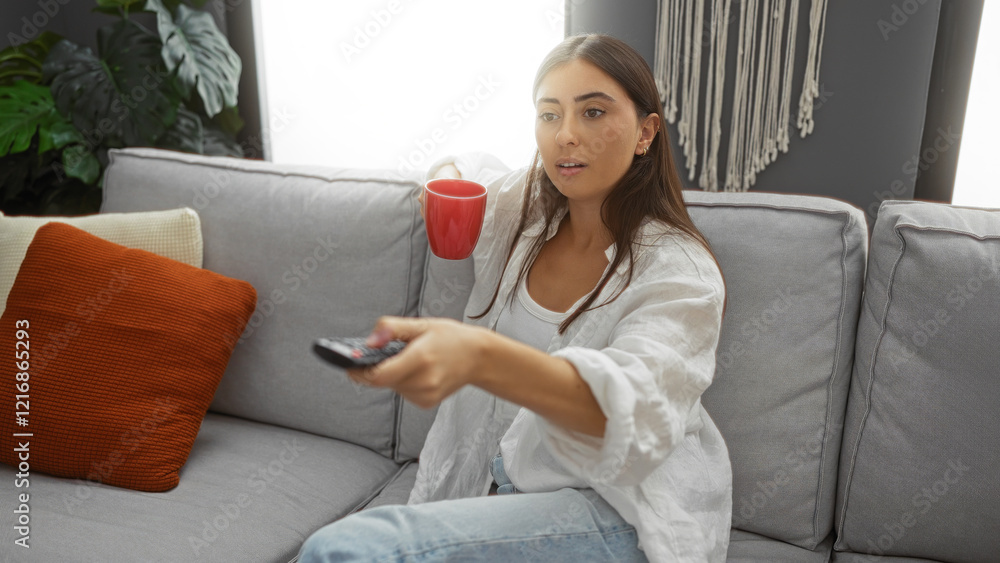 Young woman watching television in a cozy living room while holding a red cup and remote, sitting on a sofa with orange and white pillows. Young woman watching television in a cozy living room while holding a red cup and remote, sitting on a sofa with orange and white pillows.