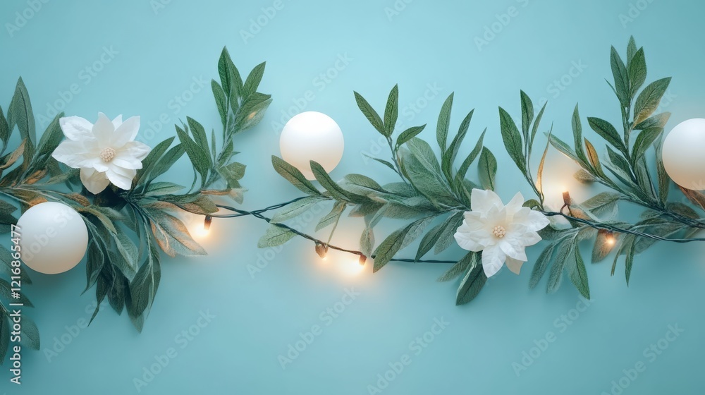 Minimalist green garland with white ornaments and bokeh background Minimalist green garland with white ornaments and bokeh background