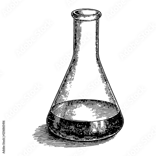 Conical Flask with Liquid in Black and White Outline Line Art Drawing Illustration