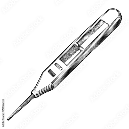 Digital Thermometer Tool in Detailed Black and White Outline Line Art Drawing Isolated