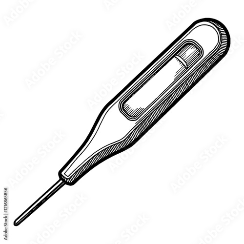 Digital Thermometer Black and White Outline Line Art Drawing Detailed Medical Equipment Isolated