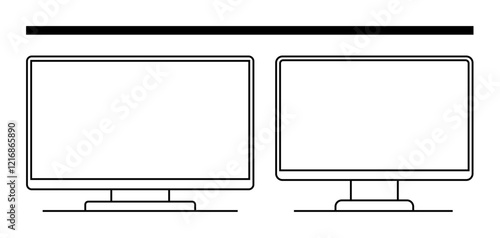 Two computer monitors placed side-by-side with a horizontal bar above. Ideal for productivity, multitasking, office setup, workspace design, tech illustrations, graphic design, software development