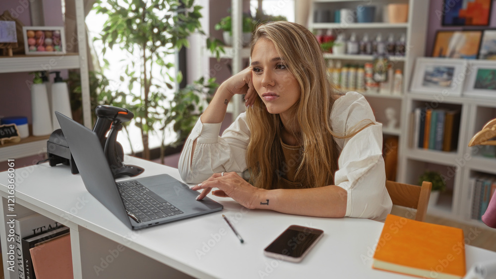 Woman sitting at a desk in a home decor store, using a laptop and looking thoughtful, surrounded by books and decor items. Woman sitting at a desk in a home decor store, using a laptop and looking thoughtful, surrounded by books and decor items.