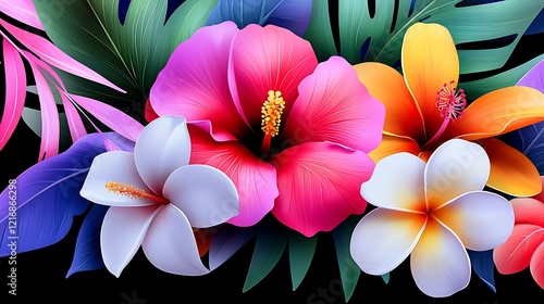 Vibrant Tropical Flowers and Lush Foliage in a Colorful Floral Arrangement