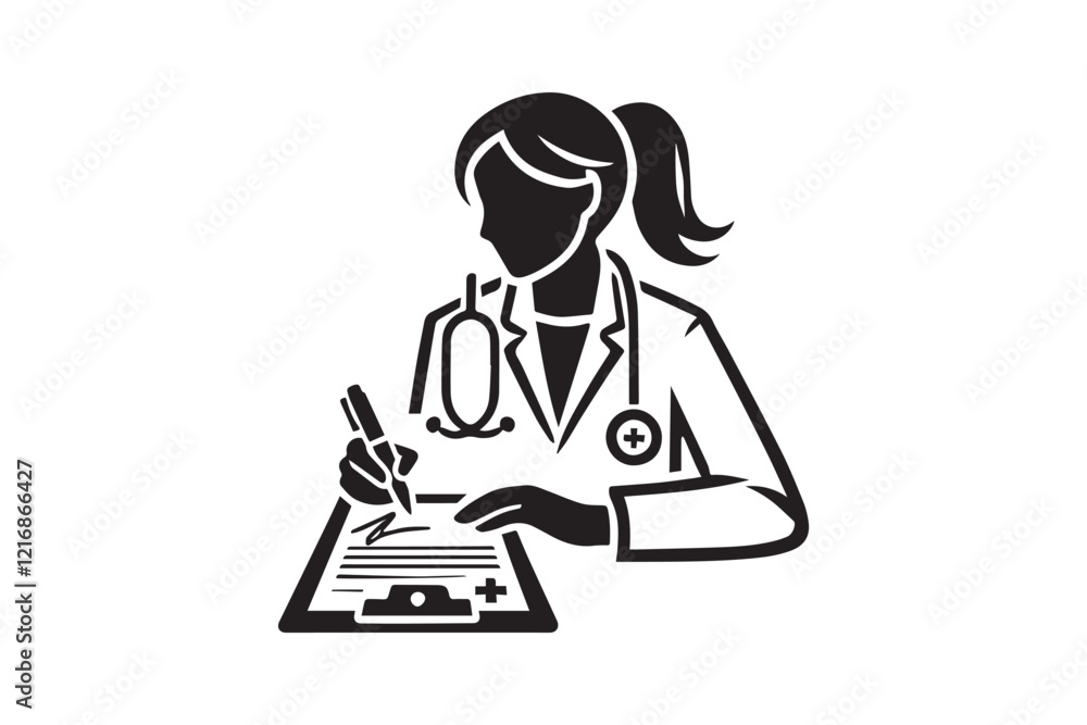 simple and subtle vector silhouette of a doctor writing prescription in black and white, set against a white background. simple and subtle vector silhouette of a doctor writing prescription in black and white, set against a white background.