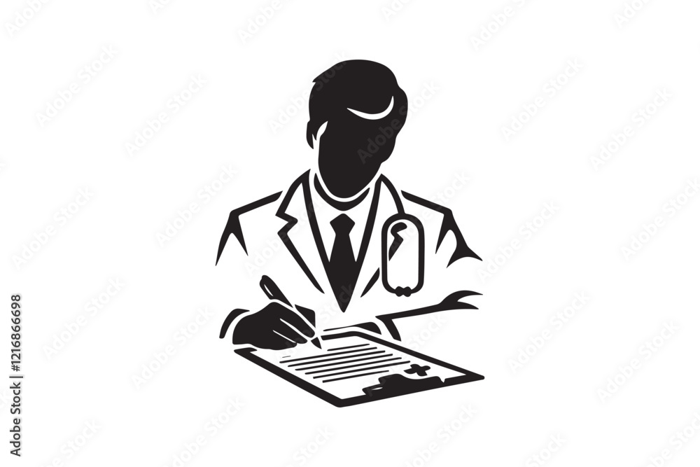 simple and subtle vector silhouette of a doctor writing prescription in black and white, set against a white background. simple and subtle vector silhouette of a doctor writing prescription in black and white, set against a white background.