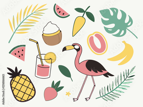 Set of cute summer icons. Hand drawn vector illustration. Flamingo, toucan, tropical palm leaves, fruits, food, drinks. Summertime poster, scrapbooking elements. 