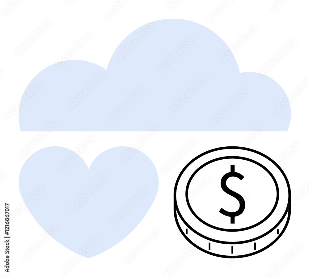 Blue cloud, heart, and dollar coin outline suggest innovation, empathy, and monetary success. Ideal for tech, finance, relationships, sustainability health investments abstract line flat metaphor Blue cloud, heart, and dollar coin outline suggest innovation, empathy, and monetary success. Ideal for tech, finance, relationships, sustainability health investments abstract line flat metaphor