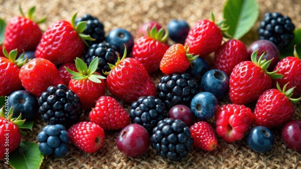 A vibrant collection of fresh strawberries, raspberries, blackberries, and blueberries, artfully arranged on a rustic woven surface, showcasing a delightful array of summer berries A vibrant collection of fresh strawberries, raspberries, blackberries, and blueberries, artfully arranged on a rustic woven surface, showcasing a delightful array of summer berries