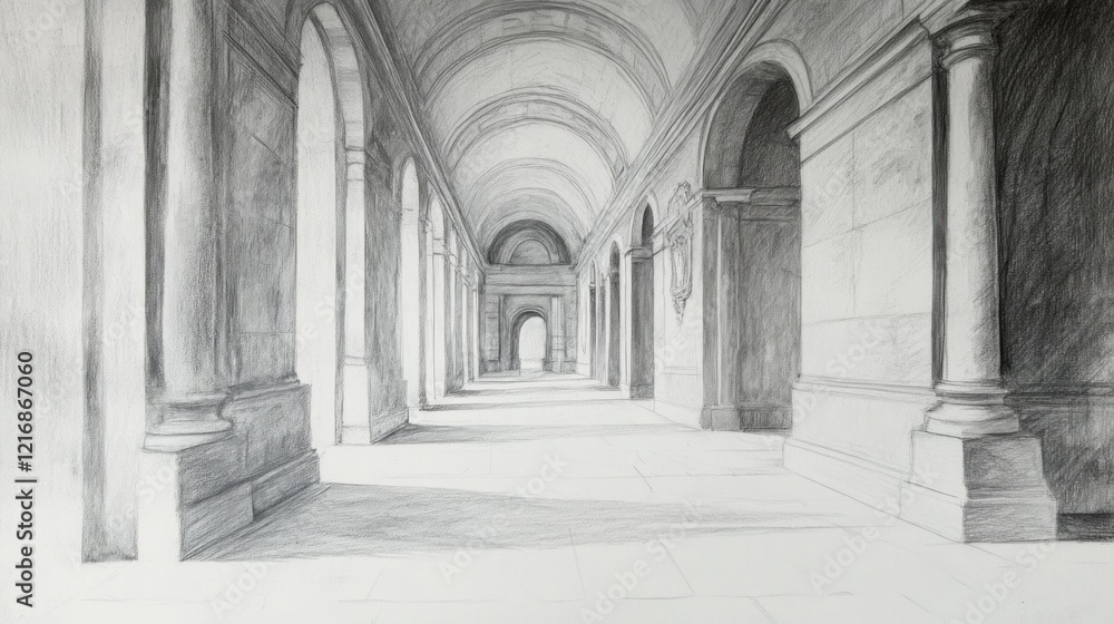 A detailed pencil drawing of an architectural corridor with arches and shadows. A detailed pencil drawing of an architectural corridor with arches and shadows.