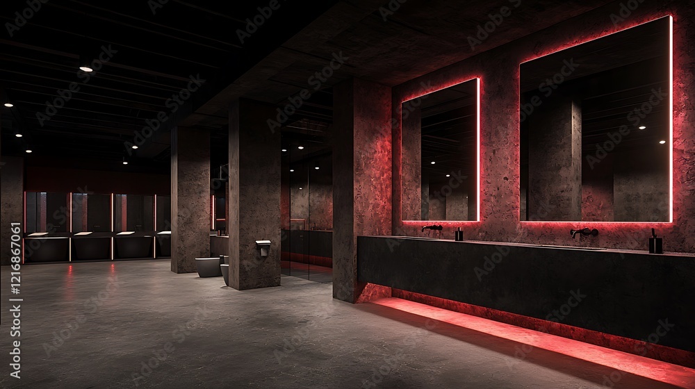 Fototapeta premium Industrial-chic restroom, red neon lighting, concrete, urban background; interior design