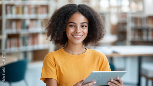 Young woman enjoying a quiet moment reading an e-book in a contemporary library filled with books and natural light