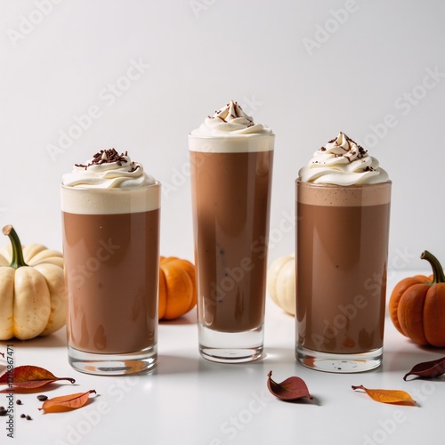 Wallpaper Mural Creamy milkshake cocktail with cocoa  chia beans topped with whipped cream against an autumn-decorated white backdrop Torontodigital.ca