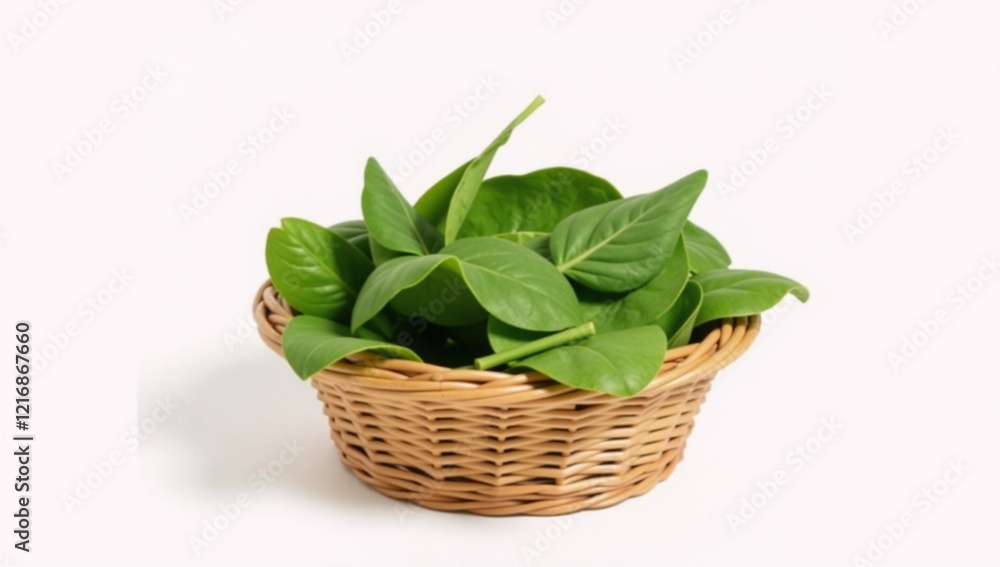 Vibrant spinach leaves displayed in a wicker basket against a clean white backdrop promoting health vegetarianism and veganism Vibrant spinach leaves displayed in a wicker basket against a clean white backdrop promoting health vegetarianism and veganism
