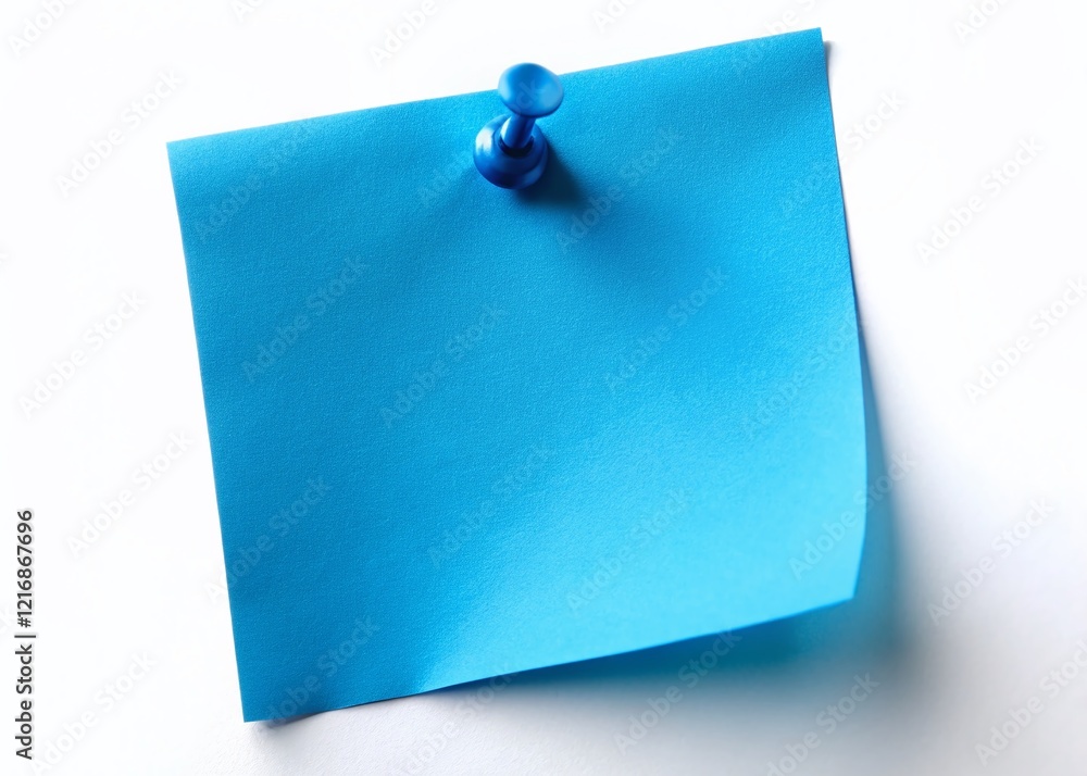 Blue Note Paper with Push Pin, Isolated on White Background - Stock Photo