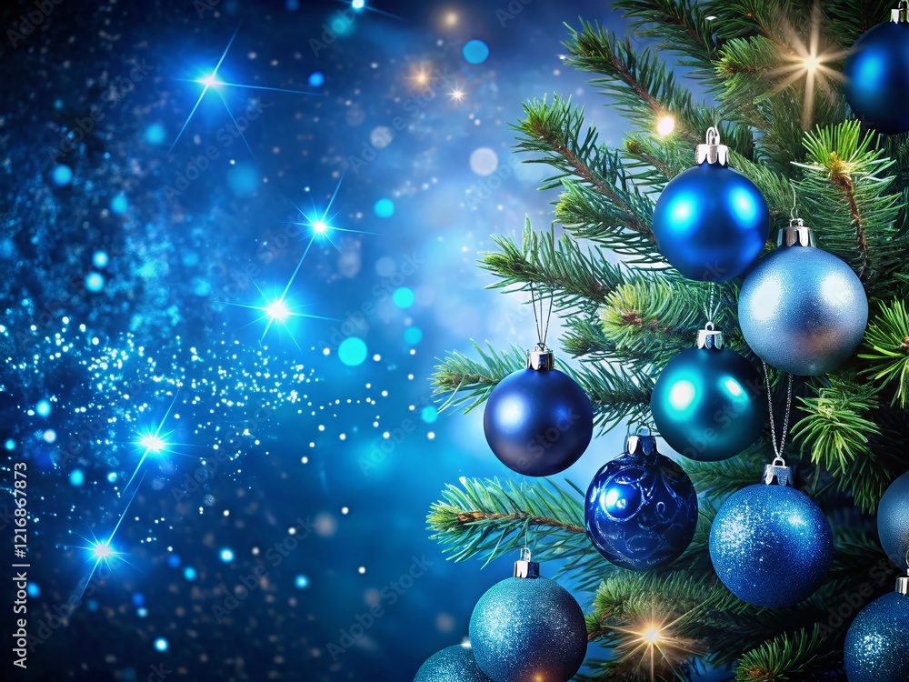 Blue Starry Christmas Balls & New Year Background - Festive Holiday Decoration with Copy Space