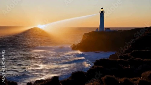 Wallpaper Mural Lighthouse on Rocky Coast at Sunset with Crashing Waves Torontodigital.ca