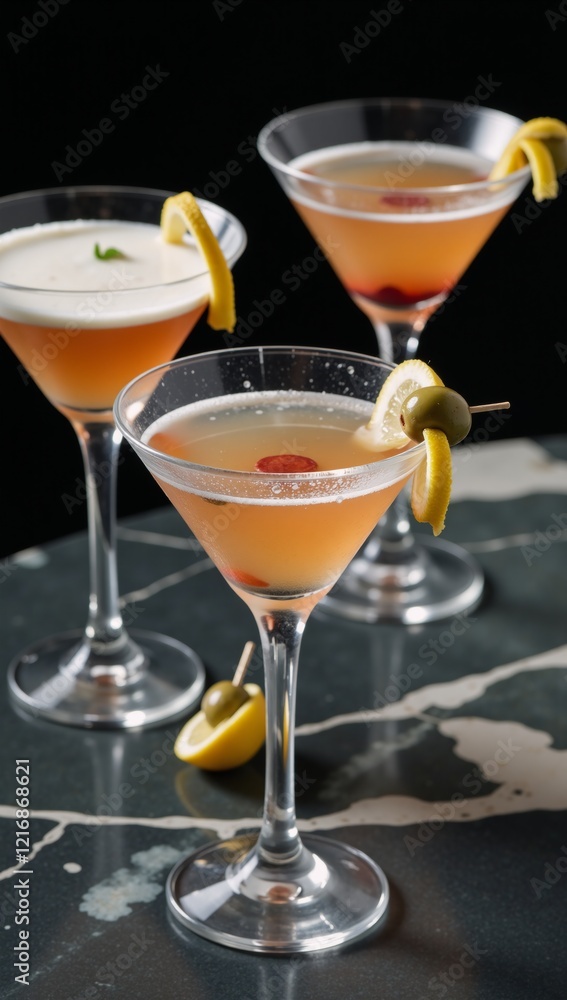 Three Martini Glasses with Cocktails Inside Three Martini Glasses with Cocktails Inside