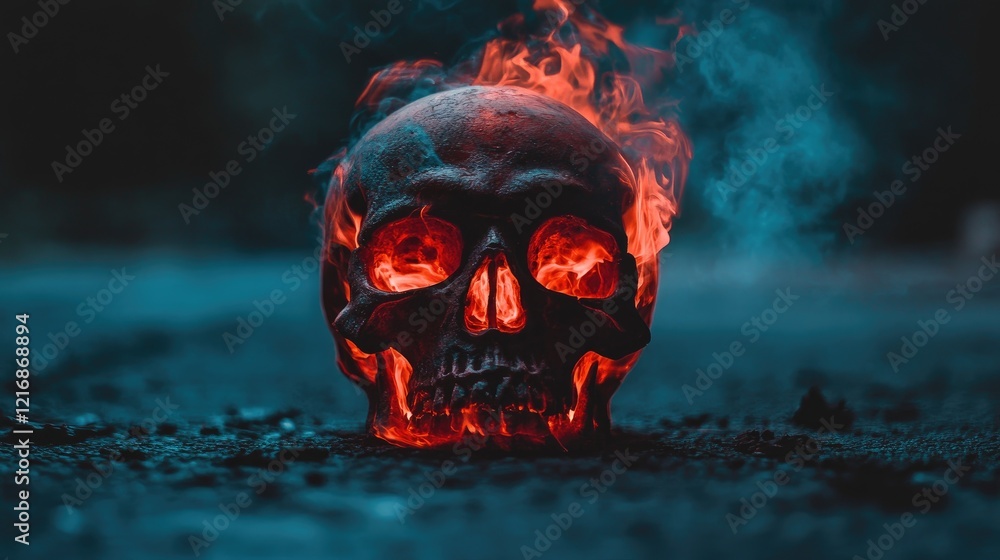 A fiery skull surrounded by smoke, creating a dramatic and eerie atmosphere. A fiery skull surrounded by smoke, creating a dramatic and eerie atmosphere.
