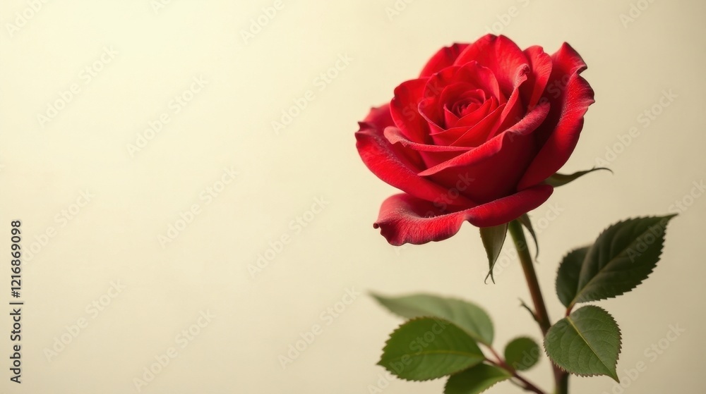 A Single Crimson Rose with Delicate Green Foliage Against a Soft, Neutral Background A Single Crimson Rose with Delicate Green Foliage Against a Soft, Neutral Background