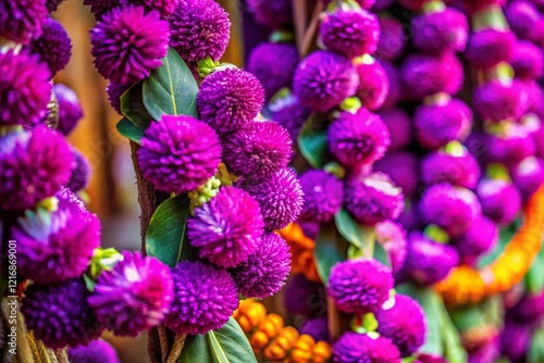 Aerial View of Purple Globe Amaranth Garland, Traditional Thai Offering photo