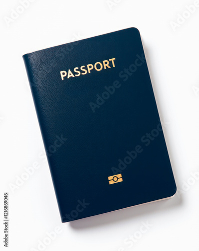 Top view of passport in blue cover with passport lettering text, on white background, symbol of travel for business or exploring distant lands
