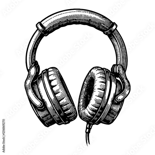 Headphone in Detailed View Black and White Outline Line Art Drawing with Cable Isolated