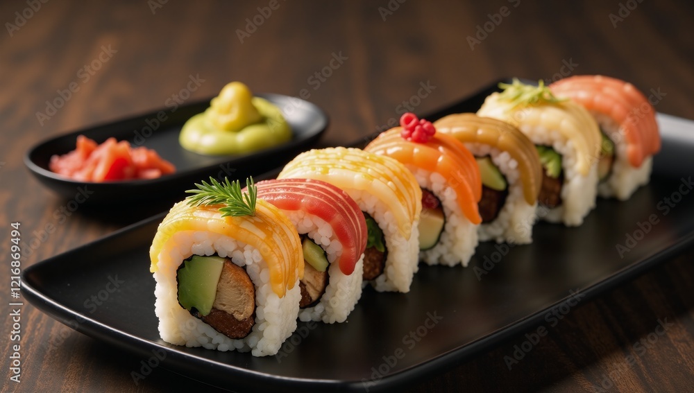 Colorful vegetarian sushi roll platter featuring gluten-free ingredients and fresh vegetables served with traditional accompaniments Colorful vegetarian sushi roll platter featuring gluten-free ingredients and fresh vegetables served with traditional accompaniments