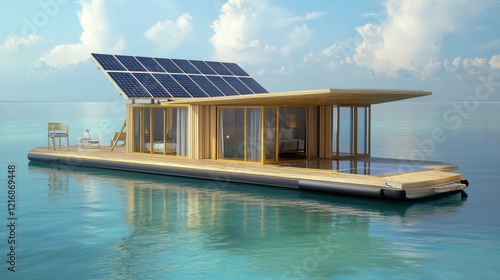 Modern Solar Powered Floating House on Calm Water photo