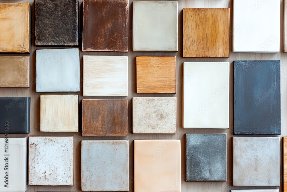 A flat lay of painted ceramic tiles arranged neatly on a smooth surface. picture A flat lay of painted ceramic tiles arranged neatly on a smooth surface. picture