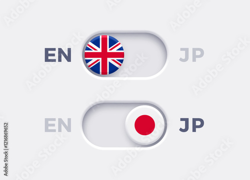 English language mode and Japan language mode toggle switch buttons. Toggle slider with United Kingdome flag icon and Japan flag icon. Material design slider switch buttons set. Vector illustration.