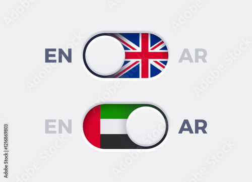 English language mode and Arabic language mode toggle switch buttons.Toggle slider with United Kingdome flag icon and UAE flag icon. Material design slider switch buttons set. Vector illustration.