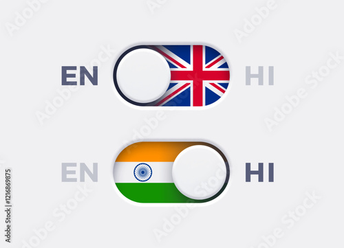 English language mode and Hindi language mode toggle switch buttons.Toggle slider with United Kingdome flag icon and Indian flag icon. Material design slider switch buttons set. Vector illustration.