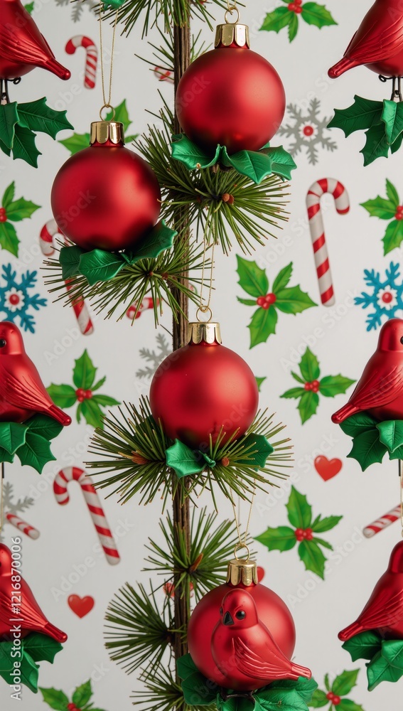 Naklejka premium A festive Christmas-themed seamless pattern showcases holiday ornaments red cardinals on pine branches with holly leaves and berries