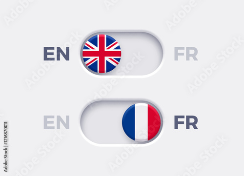 English language mode and French language mode toggle switch buttons.Toggle slider with United Kingdome flag icon and French flag icon. Material design slider switch buttons set. Vector illustration.