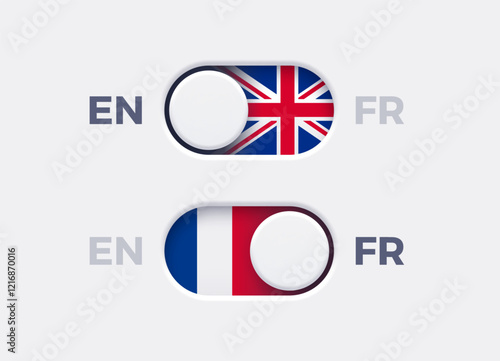 English language mode and French language mode toggle switch buttons.Toggle slider with United Kingdome flag icon and French flag icon. Material design slider switch buttons set. Vector illustration.