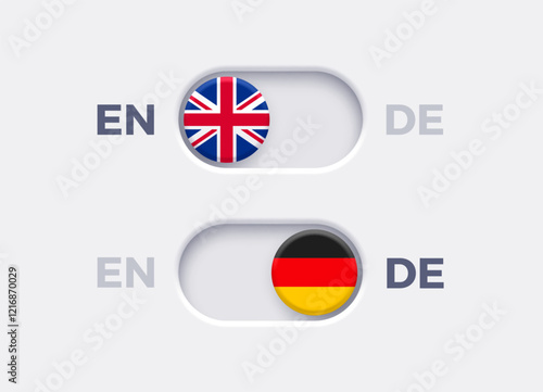English language mode and German language mode toggle switch buttons.Toggle slider with United Kingdome flag icon and German flag icon. Material design slider switch buttons set. Vector illustration.