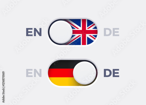 English language mode and German language mode toggle switch buttons.Toggle slider with United Kingdome flag icon and German flag icon. Material design slider switch buttons set. Vector illustration.