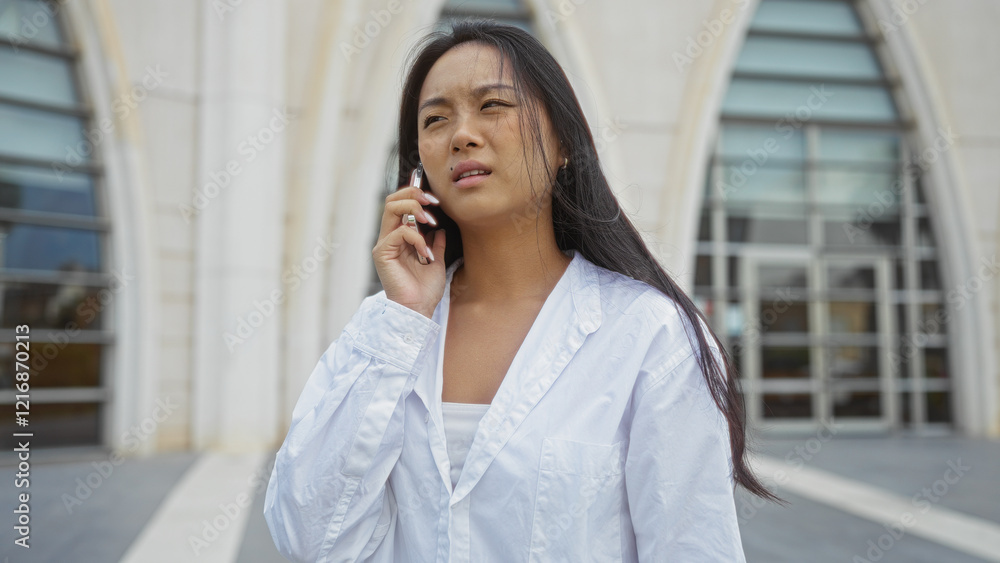 Woman talking on phone outdoors urban street young asian chinese female wearing white shirt city exterior town Woman talking on phone outdoors urban street young asian chinese female wearing white shirt city exterior town