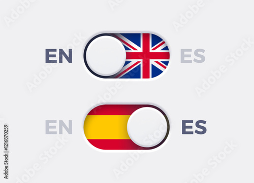 English language mode and Spanish language mode toggle switch buttons.Toggle slider with United Kingdome flag icon and Spanish flag icon. Material design slider switch buttons set. Vector illustration