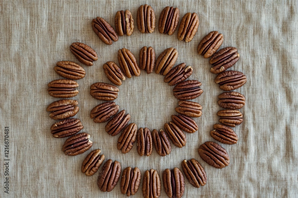 A flat lay of pecan halves arranged in a spiral pattern on a neutral fabric surface. picture A flat lay of pecan halves arranged in a spiral pattern on a neutral fabric surface. picture