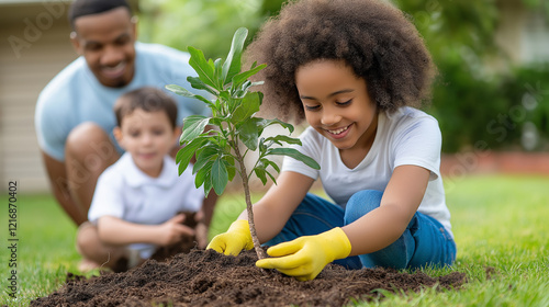 Family engages in planting native trees in their backyard to enhance local ecology and promote biodiversity while teaching children about environmental stewardship