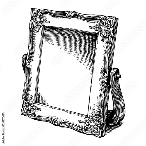 Antique Mirror with Flower Decoration Detailed Black and White Outline Line Art Drawing