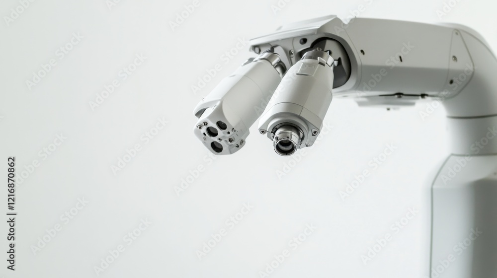 A close-up of a robotic surgical arm with advanced features, set against a plain, white background A close-up of a robotic surgical arm with advanced features, set against a plain, white background