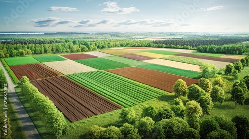 Aerial view of diverse farmland, sunny day, forest background, agricultural use