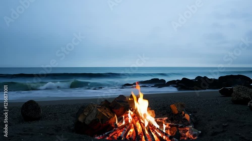 Mesmerizing bonfire on serene seashore at dusk with lapping waves