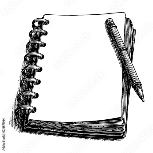 Spiral Notebook with a Pen Detailed Black and White Outline Line Art Drawing Isolated