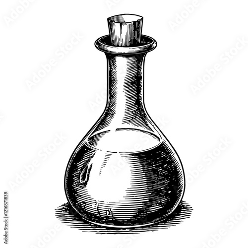 A Detailed Potion Flask Bottle Black and White Outline Line Art Drawing with Stopper