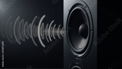 Sleek black speaker system with pulsating soundwaves on a dark stage photo