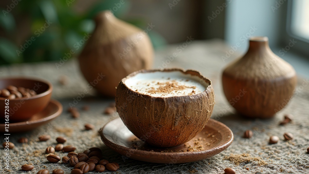 Coconut coffee delight with cocoa topping on rustic table setting Coconut coffee delight with cocoa topping on rustic table setting
